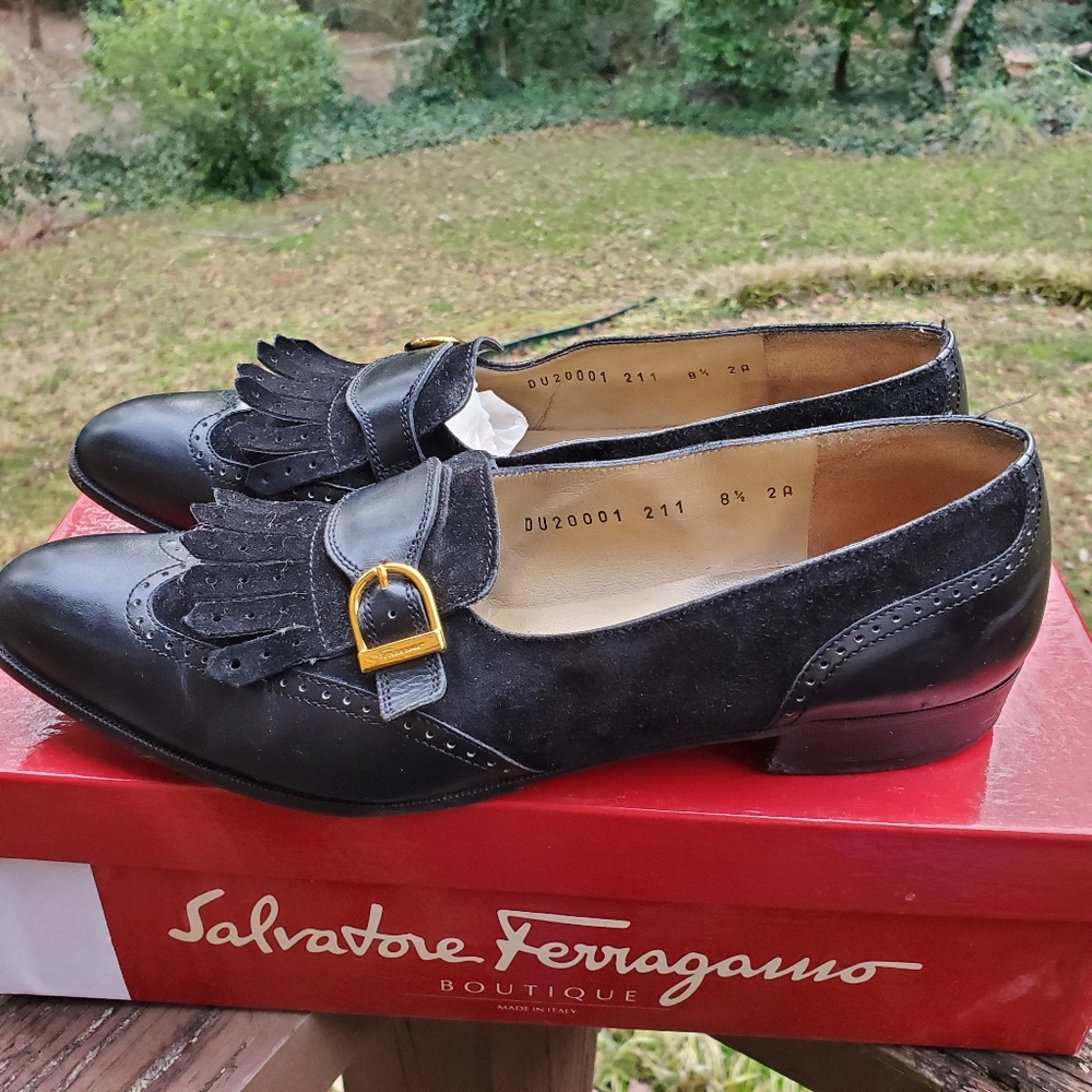 Salvatore Ferragamo Black Leather & Suede Loafers - Picture 6 of 15